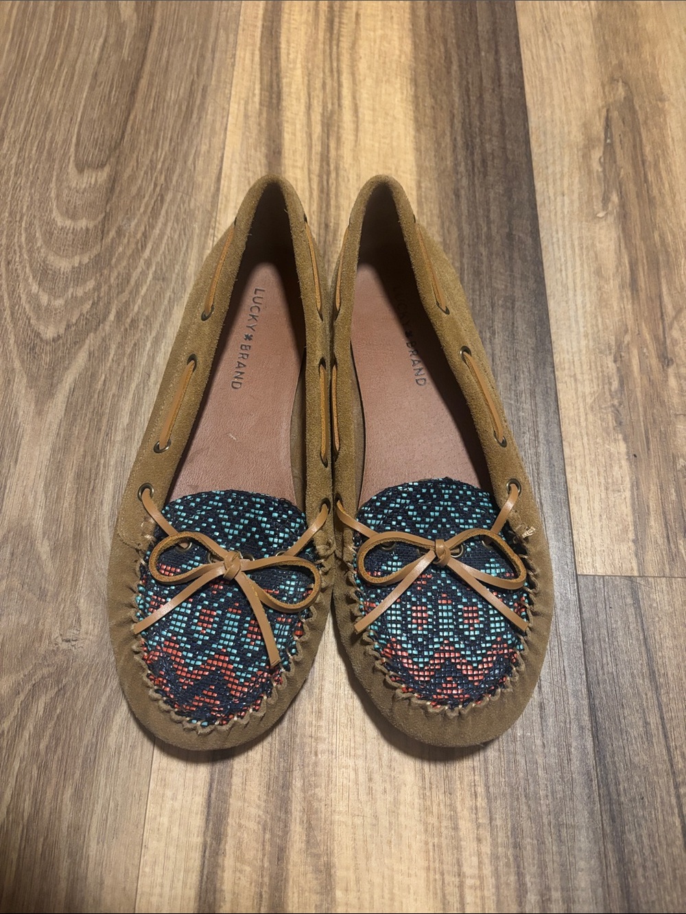 Lucky Brand Women's Tan Suede Moccasins with Teal & Coral Detailed Toe